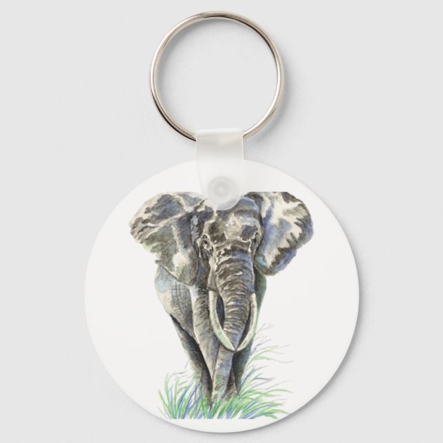 Watercolor African Elephant Animal Nature Art Key Ring (Front)