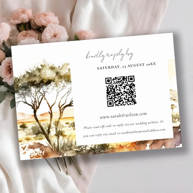 Watercolor African Landscape Wedding RSVP QR Code Enclosure Card (Creator Uploaded)