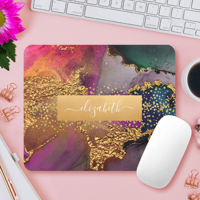 Watercolor agate gold purple blue monogram name mouse pad (Creator Uploaded)