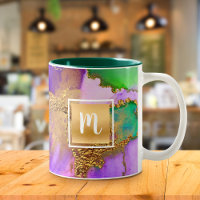 Watercolor agate gold purple green aqua monogram