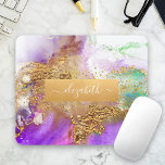 Watercolor agate gold purple pink green glam chic mouse pad<br><div class="desc">A sparkly, faux gold foil band with your script typography name overlays a rich, gold veined, purple, aqua blue green, and white watercolor background on this elegant, trendy, girly, custom name mousepad. Makes a chic and stylish statement every time you use it. A great gift for a friend, as well...</div>