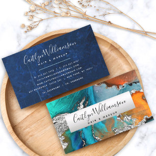 Watercolor agate silver turquoise script stylist business card