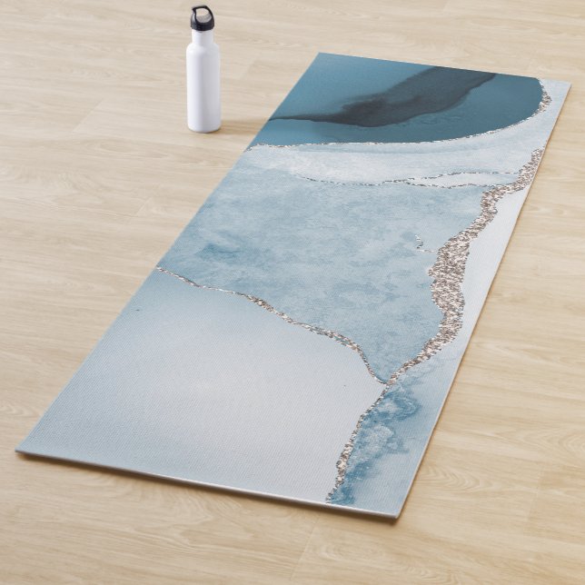 Watercolor Agate, Slate Blue Faux Silver Veins Yoga Mat (In Situ)