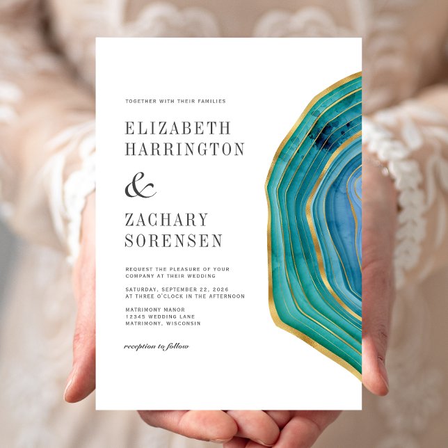 Watercolor Agate Teal Gold Wedding Invitation (Creator Uploaded)
