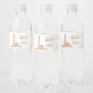 Watercolor Ahoy Nautical Lighthouse Baby Shower Water Bottle Label