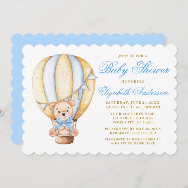 Watercolor Air Balloon Teddy Bear Blue Baby Shower Invitation (Front/Back)