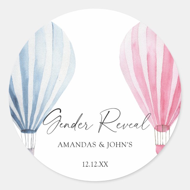 Watercolor Air Balloons Gender Reveal Classic Round Sticker (Front)