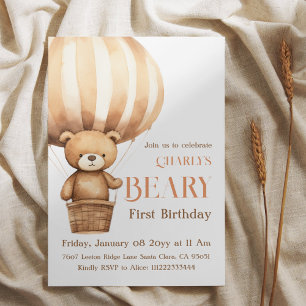 Watercolor Airballoon Beary First 1st Birthday Invitation