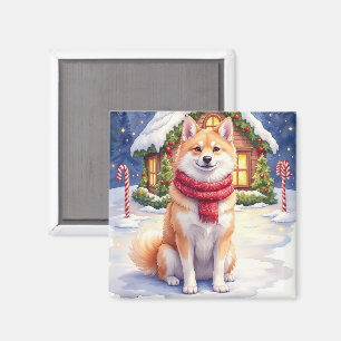Watercolor Akita Gingerbread House Christmas Magnet