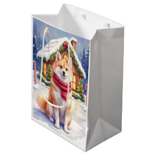 Watercolor Akita Gingerbread House Christmas Medium Gift Bag