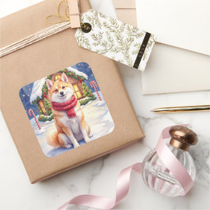 Watercolor Akita Gingerbread House Christmas Square Sticker