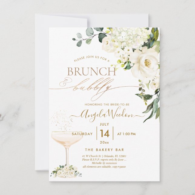 Watercolor Alabaster Roses Brunch Bubbly Invitation (Front)