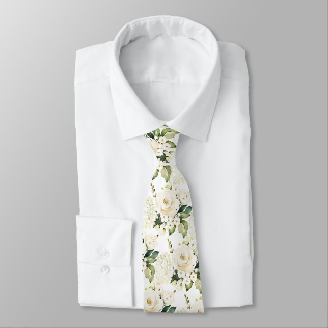 Watercolor Alabaster Roses Peonies Hydrangeas Tie (Tied)