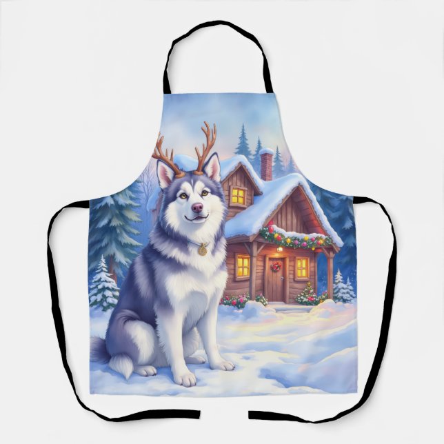 Watercolor Alaskan Malamute Reindeer Christmas Apron (Front)