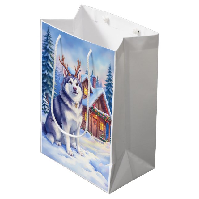 Watercolor Alaskan Malamute Reindeer Christmas Medium Gift Bag (Front Angled)