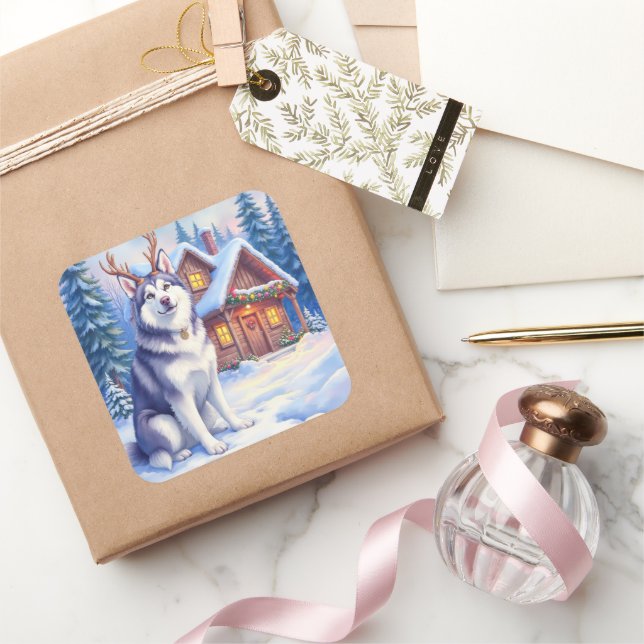 Watercolor Alaskan Malamute Reindeer Christmas Square Sticker (Gifting)