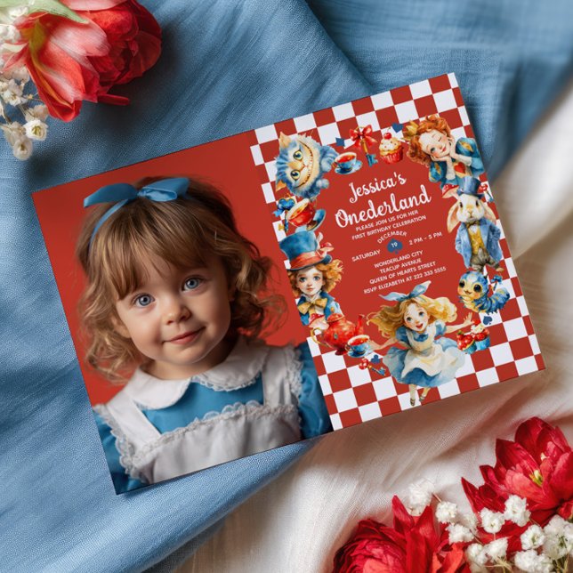 Watercolor Alice in ONEDERLAND 1st Birthday Photo  Invitation (Creator Uploaded)