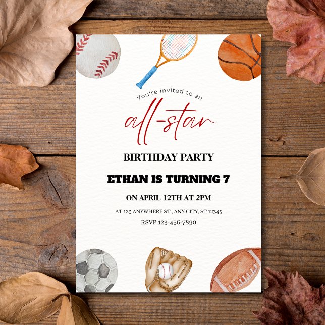 Watercolor All-Star Sports 7th Birthday Invitation (Watercolor All-Star Sports 7th Birthday Invitation
)