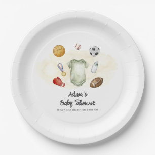 Watercolor All Star Sports bodysuit Baby Shower  Paper Plate