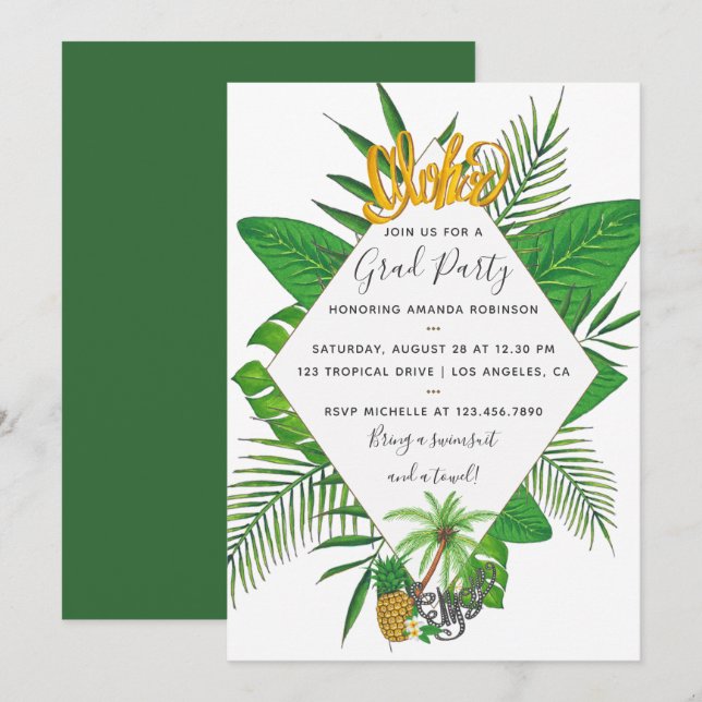 Watercolor Aloha Luau Graduation Party Invitation (Front/Back)