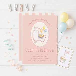 Watercolor Alpaca with Balloon Blush Pink Birthday Invitation