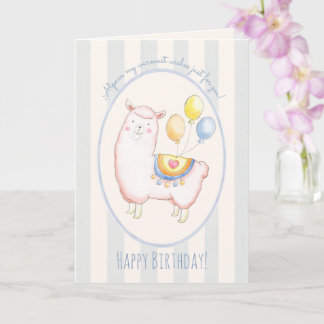 Watercolor Alpaca with Balloon Light Blue Birthday Card