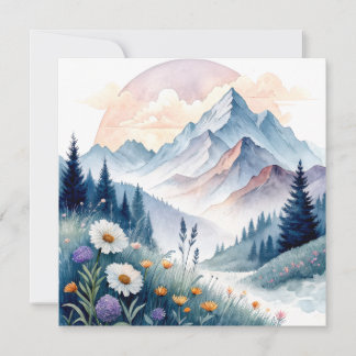 Watercolor Alpine Landscape with Wildflowers Card
