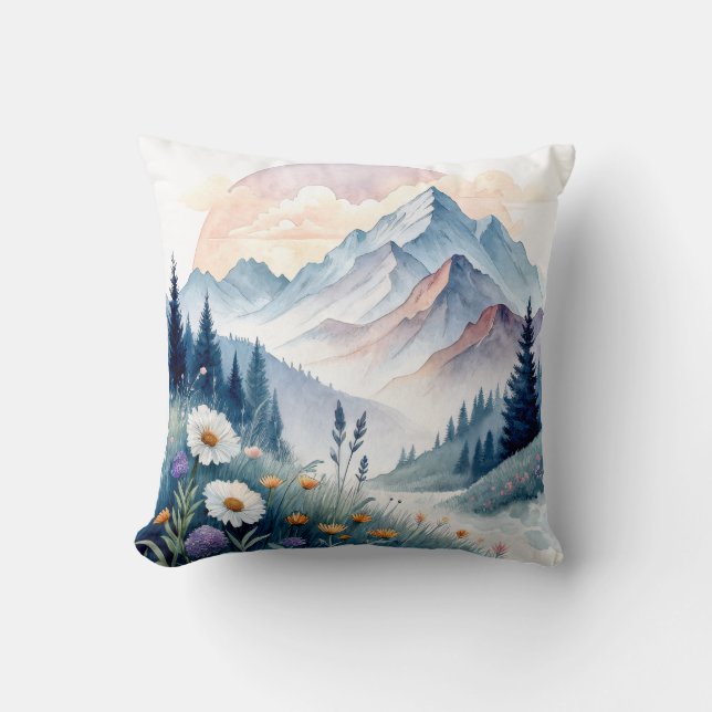 Watercolor Alpine Landscape with Wildflowers Cushion (Front)