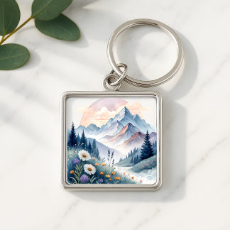Watercolor Alpine Landscape with Wildflowers Key Ring