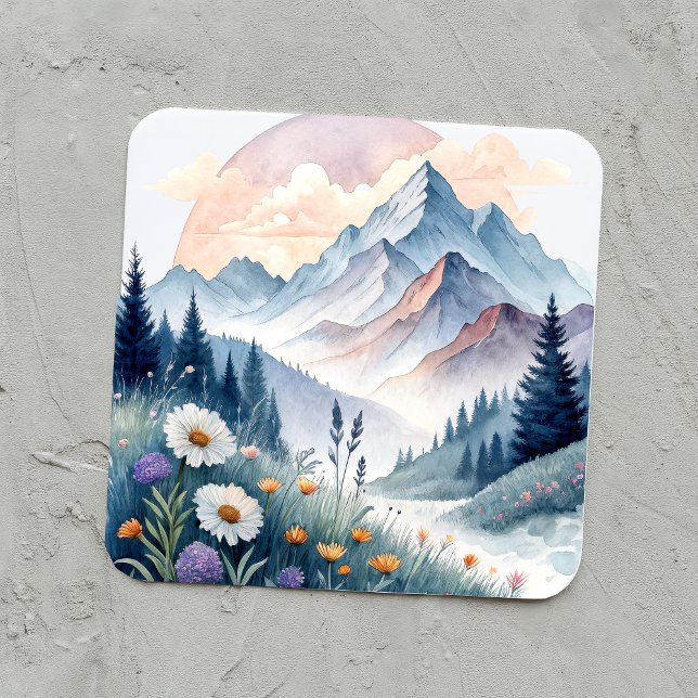 Watercolor Alpine Landscape with Wildflowers Square Sticker (Creator Uploaded)