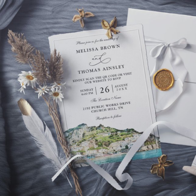 Watercolor Amalfi Coast Budget QR Code Wedding Invitation (Creator Uploaded)