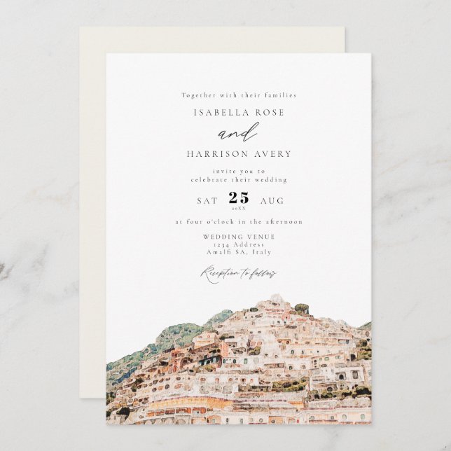 Watercolor Amalfi Coast Italy Skyline Wedding Invitation (Front/Back)
