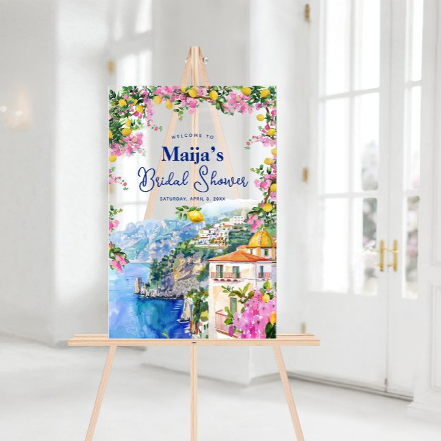 Watercolor Amalfi Coast Pink Lemons Bridal Shower  Acrylic Sign (Watercolor Amalfi Coast Pink Lemons Bridal Shower. Welcome your guests with Italian charm.)