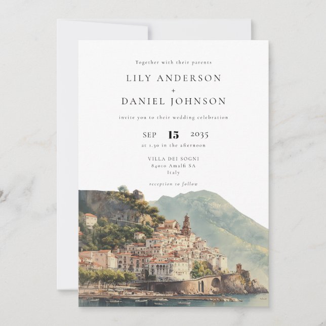 Watercolor Amalfi QR Code Italian Wedding Invitation (Front)