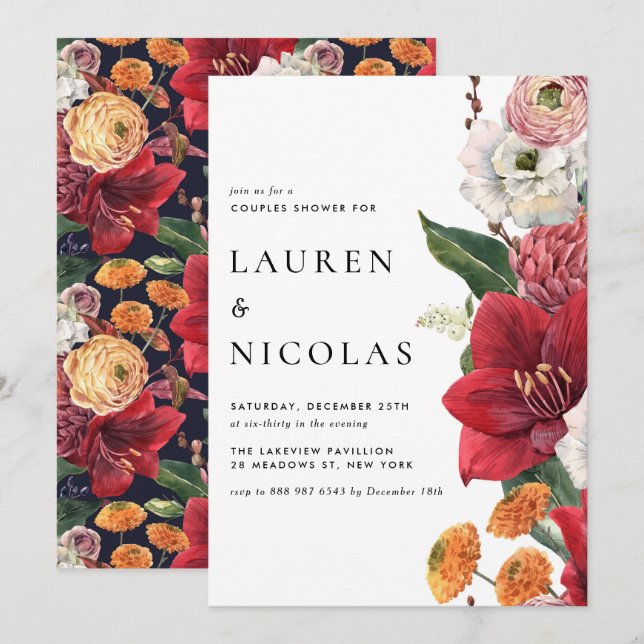 Watercolor Amaryllis Botanical Rehearsal Dinner Invitation (Front/Back)