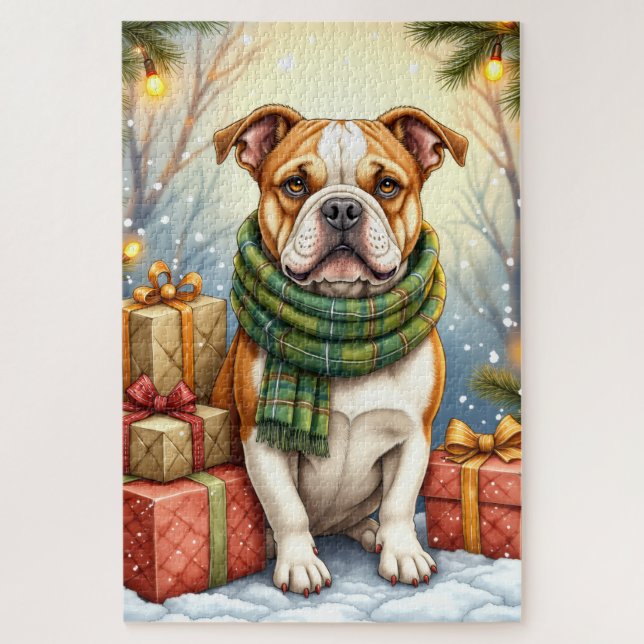 Watercolor American Bulldog Christmas Holiday Jigsaw Puzzle (Vertical)