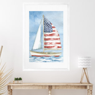 Watercolor American Flag Patriotic Sailboat Poster