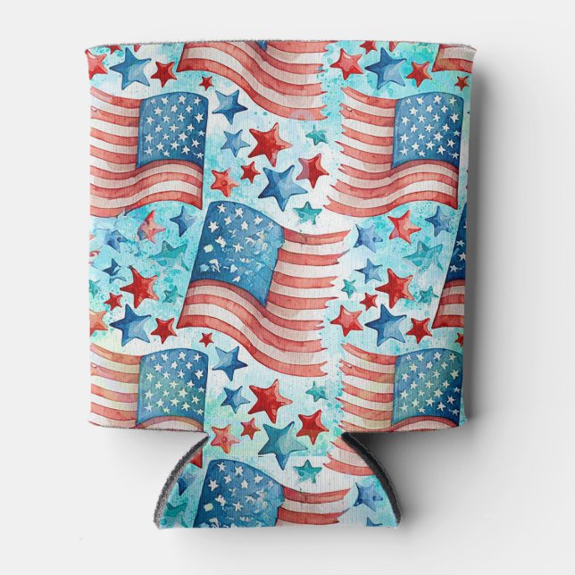 Watercolor American Flag pattern Can Cooler (Front)
