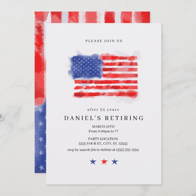 Watercolor American Flag Retirement Invitations (Front/Back)