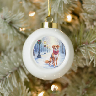 Watercolor American Foxhound Snowy Lamppost Ceramic Ball Christmas Ornament
