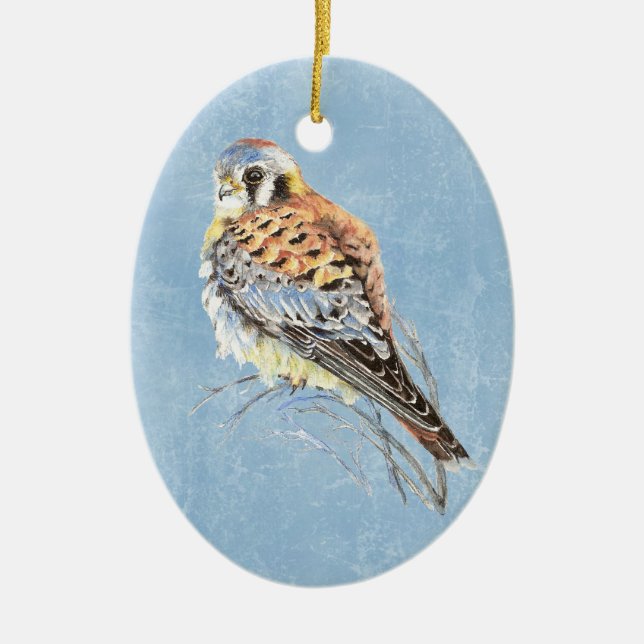 Watercolor American Kestrel, Falcon Bird Hawk Ceramic Ornament (Front)