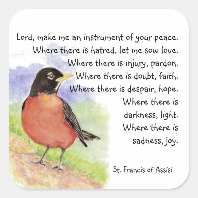 Watercolor American Robin Bird St. Francis Prayer  Square Sticker (Front)
