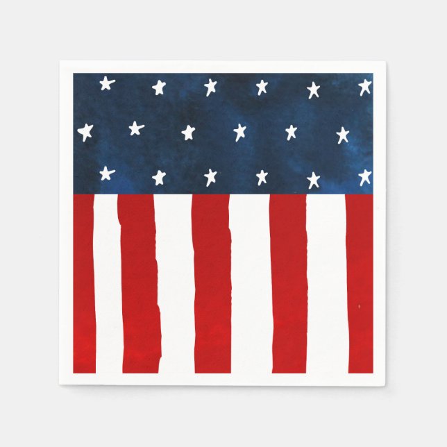 Watercolor Americana Style Red White Blue USA Flag Napkin (Front)