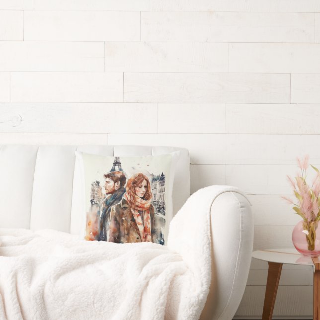 Watercolor Amour in Paris Throw Pillow (Couch)