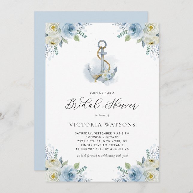 Watercolor Anchor and Blue Flowers Bridal Shower Invitation (Front/Back)