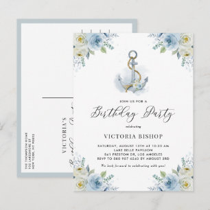 Watercolor Anchor & Blue Flowers Nautical Birthday Invitation Postcard