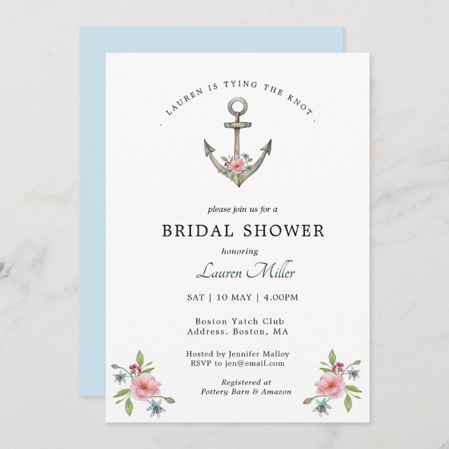 Watercolor Anchor Bridal shower  invitation (Front/Back)