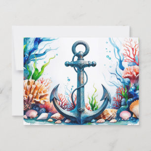 Watercolor Anchor, Coral Reef, Seashells Postcard
