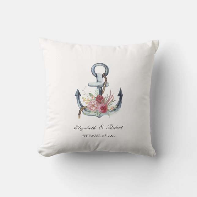 Watercolor Anchor Flowers Nautical   Cushion (Front)