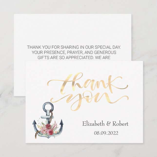 Watercolor Anchor Flowers Nautical  Thank You Card (Front/Back)